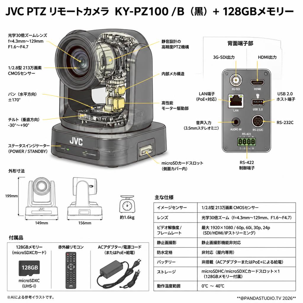 JVC PTZ リモートカメラ KY-PZ100 /B （黒） + 128GBメモリー スペック