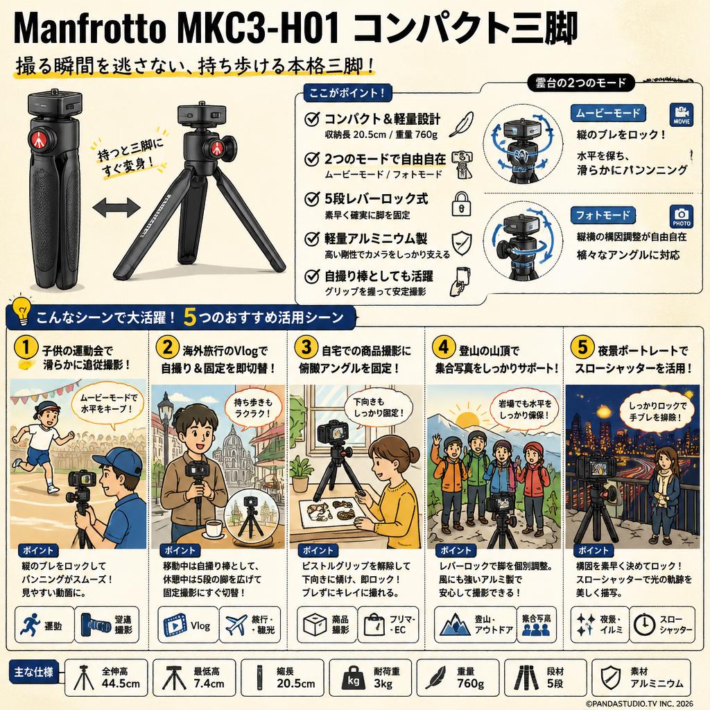 Manfrotto MKC3-H01 コンパクト三脚 用途