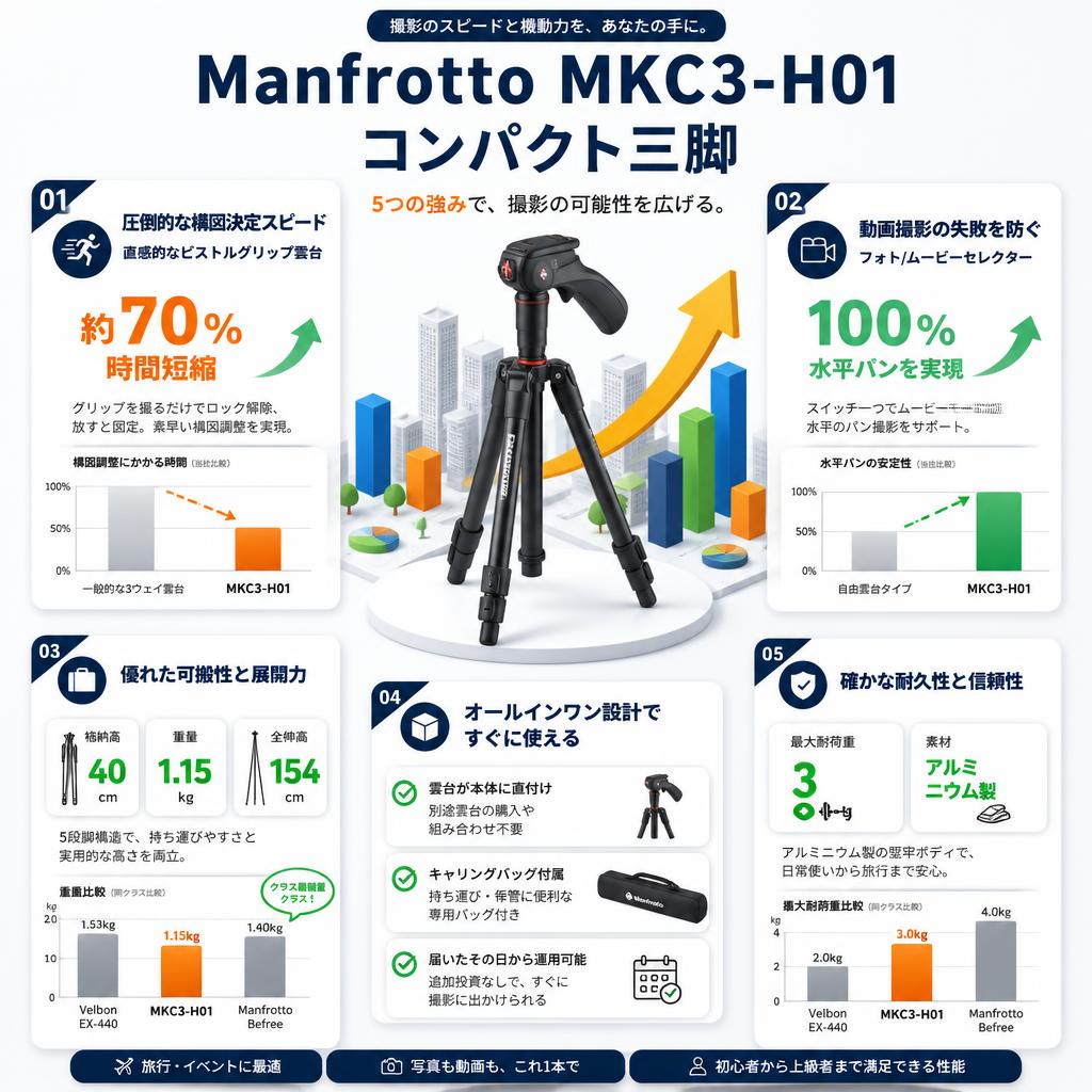Manfrotto MKC3-H01 コンパクト三脚 セールスポイント