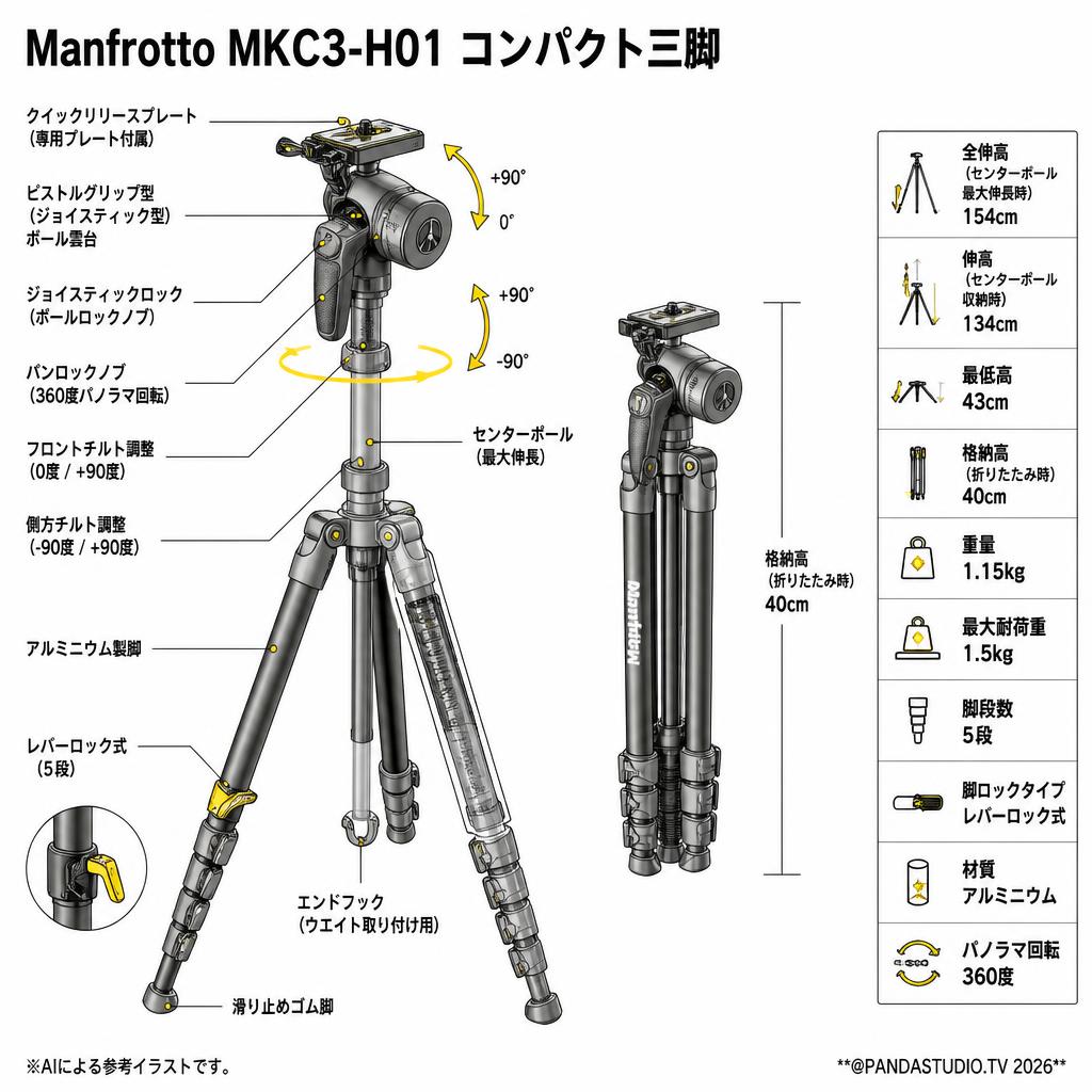 Manfrotto MKC3-H01 コンパクト三脚 スペック