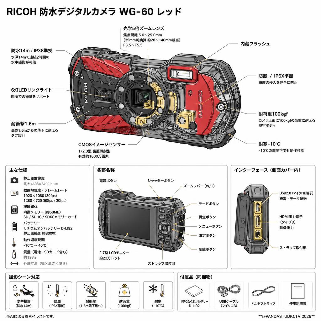 RICOH 防水デジタルカメラ WG-60 レッド スペック