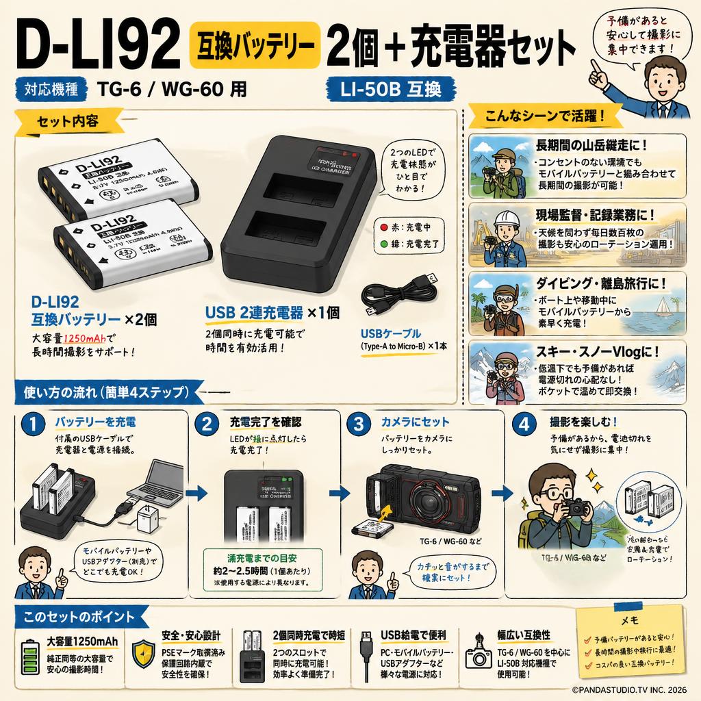 D-LI92 互換バッテリー 2個 + 充電器セット(TG-6  WG-60 用）LI-50B 互換 おもな対象のお客様