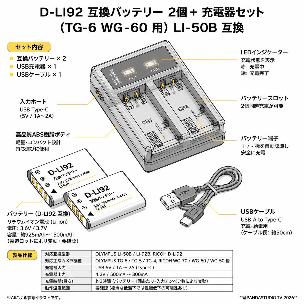 D-LI92 互換バッテリー 2個 + 充電器セット(TG-6  WG-60 用）LI-50B 互換 スペック