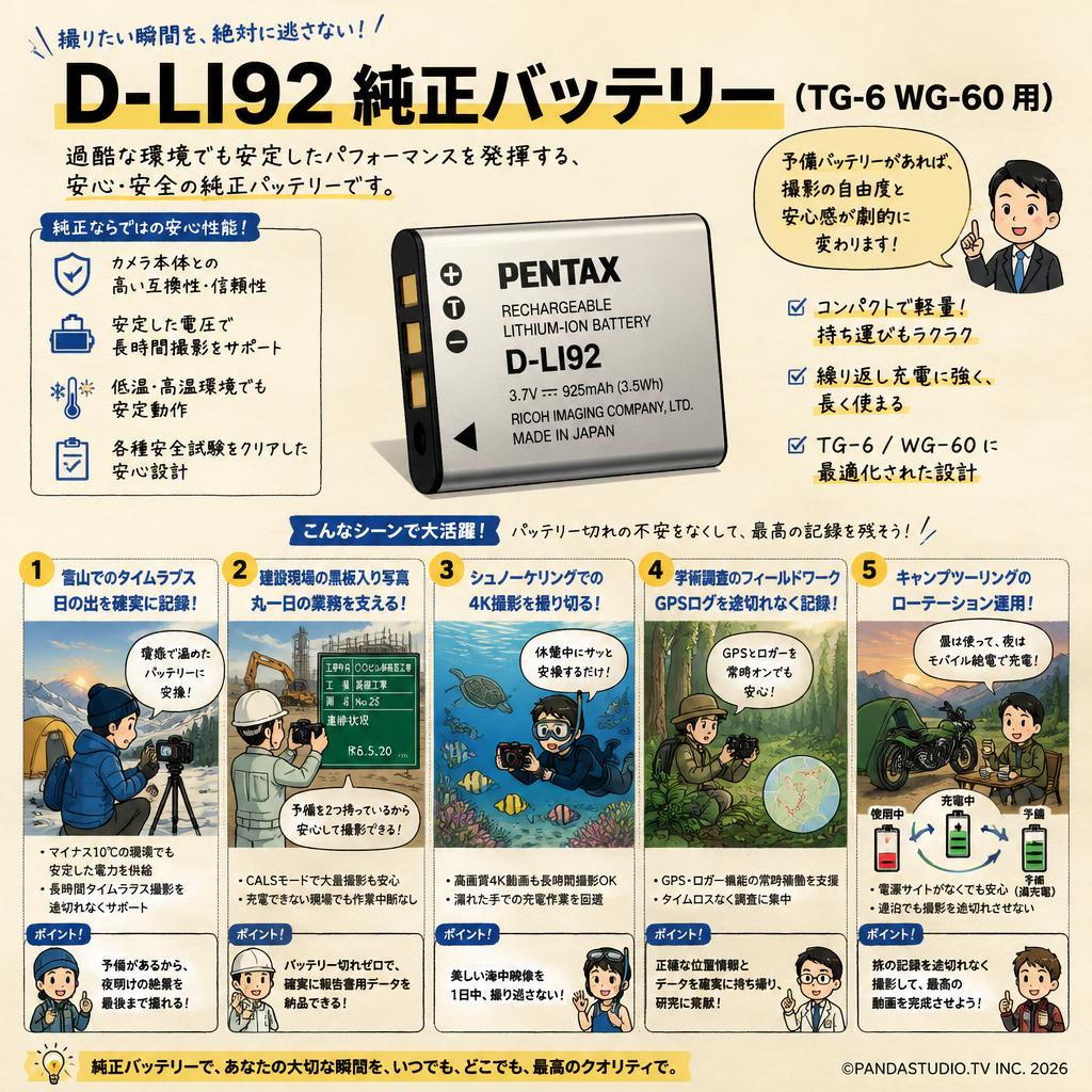 D-LI92 純正バッテリー(TG-6  WG-60 用） 用途