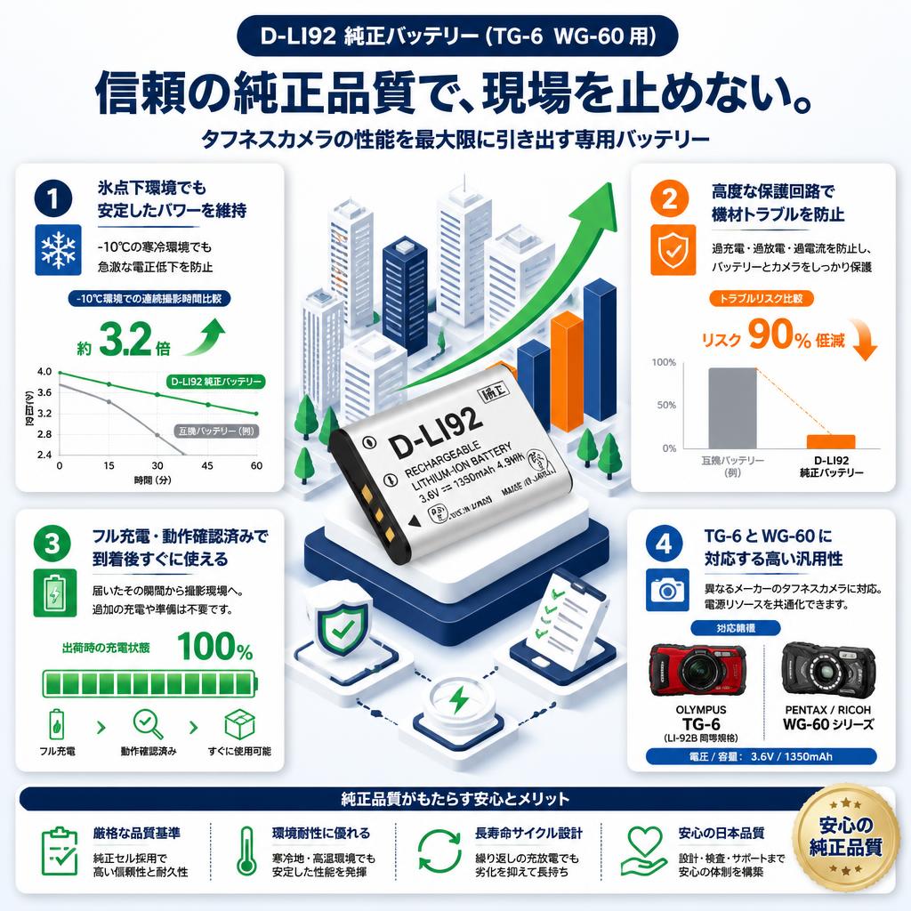 D-LI92 純正バッテリー(TG-6  WG-60 用） セールスポイント