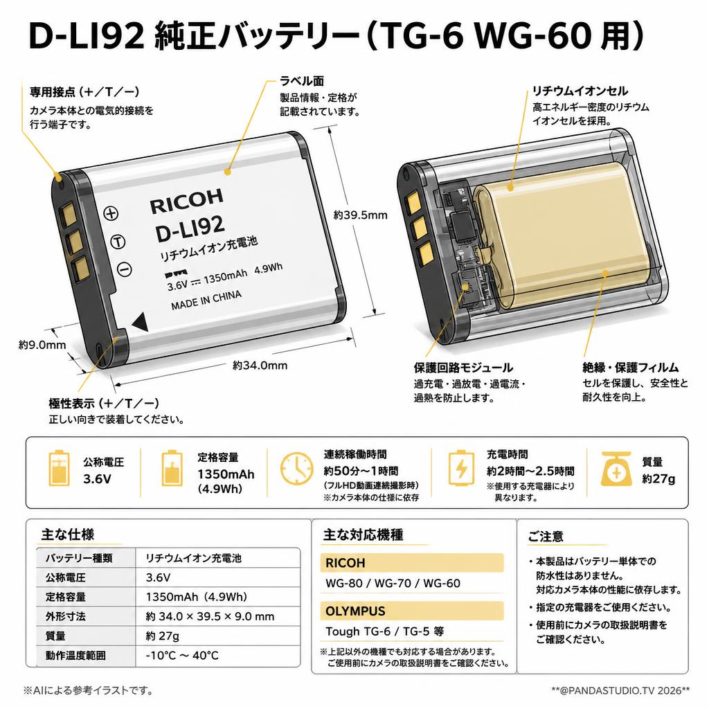 D-LI92 純正バッテリー(TG-6  WG-60 用） スペック