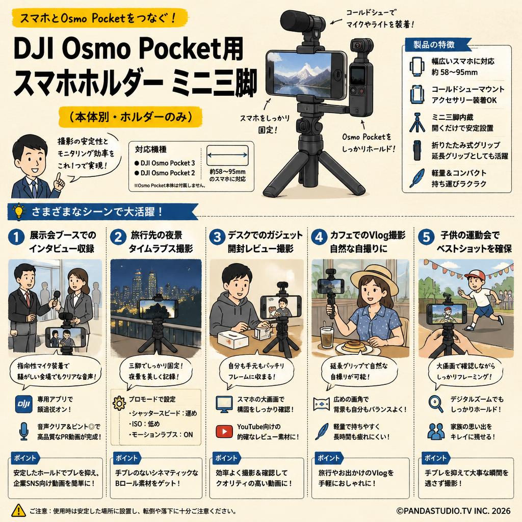 DJI Osmo Pocket用スマホホルダー ミニ三脚(本体別・ホルダーのみ） 用途