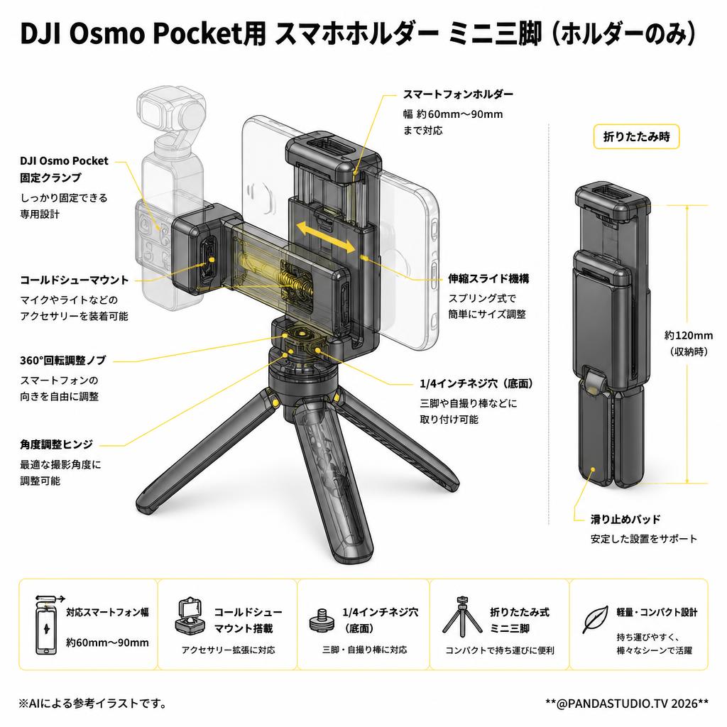 DJI Osmo Pocket用スマホホルダー ミニ三脚(本体別・ホルダーのみ） スペック