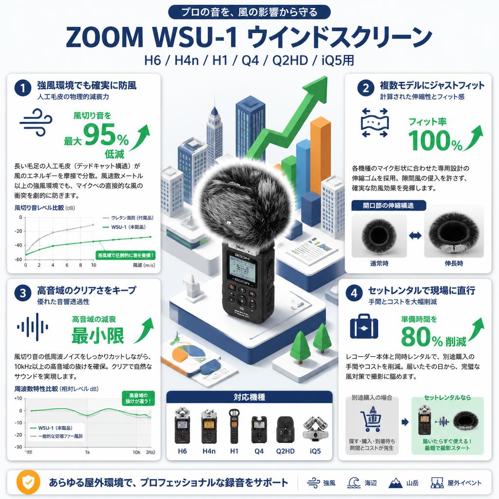 ZOOM WSU-1 ウインドスクリーン H6/H4n/H1/Q4/Q2HD/iQ5用 セールスポイント