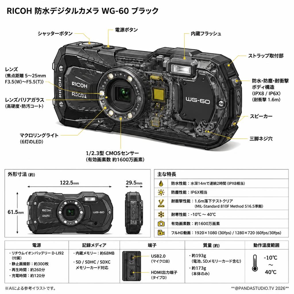 RICOH 防水デジタルカメラ WG-60 ブラック スペック