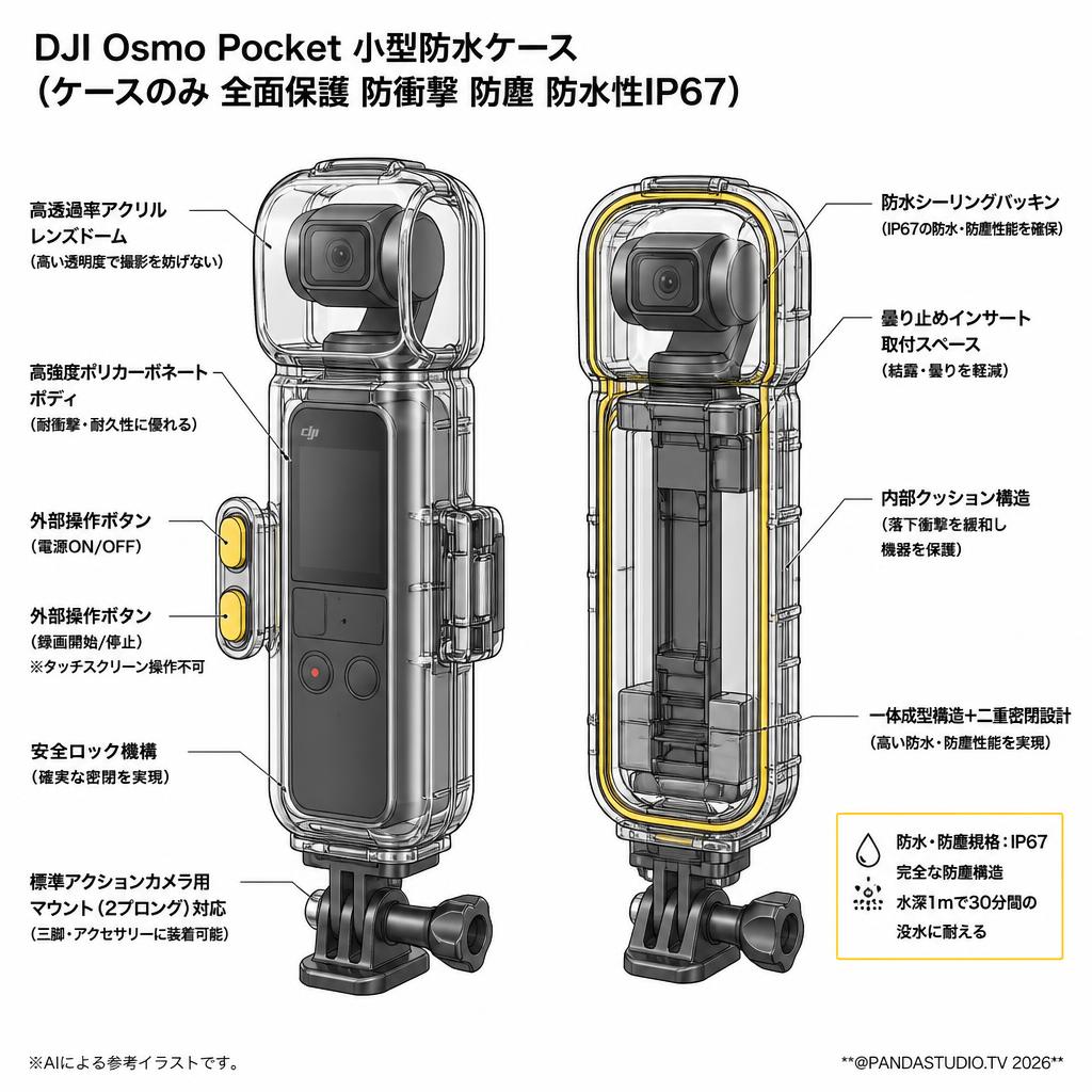 DJI Osmo Pocket 小型防水ケース（ケースのみ 全面保護 防衝撃 防塵 防水性IP67） スペック