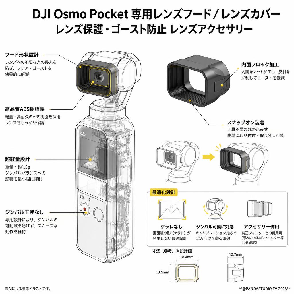 DJI Osmo Pocket 専用レンズフード レンズカバー レンズ保護 ゴースト防止 レンズアクセサリー スペック
