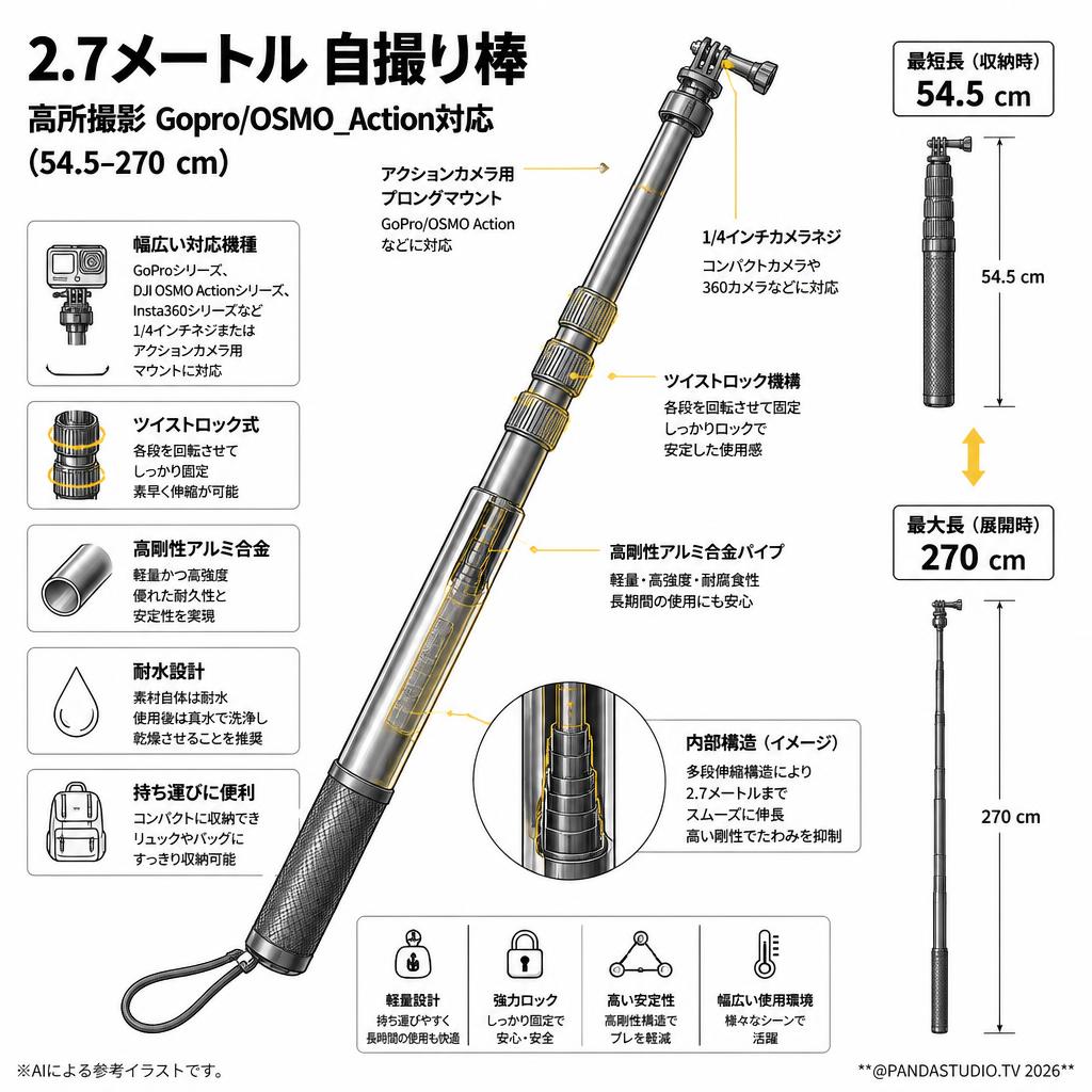 2.7メートル 自撮り棒 高所撮影 Gopro/OSMO_Action対応  (54.5-270 cm) スペック