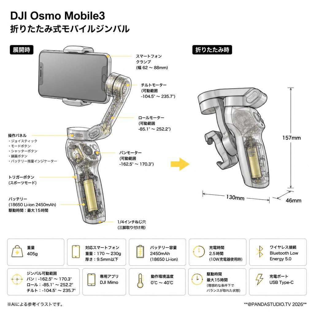 DJI Osmo Mobile3 折りたたみ式モバイルジンバル スペック