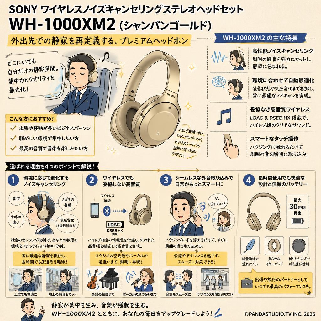 SONY ワイヤレスノイズキャンセリングステレオヘッドセット WH-1000XM2（シャンパンゴールド） 概要