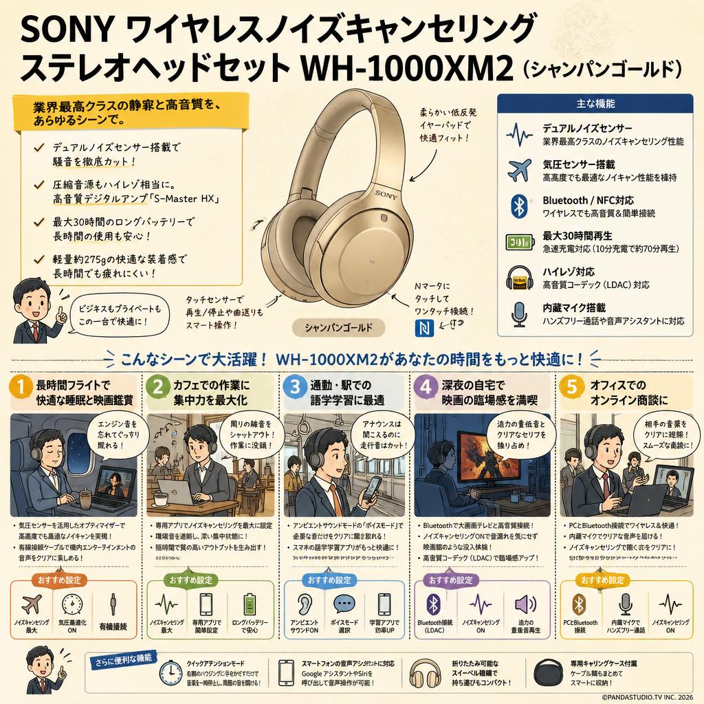 SONY ワイヤレスノイズキャンセリングステレオヘッドセット WH-1000XM2（シャンパンゴールド） 用途
