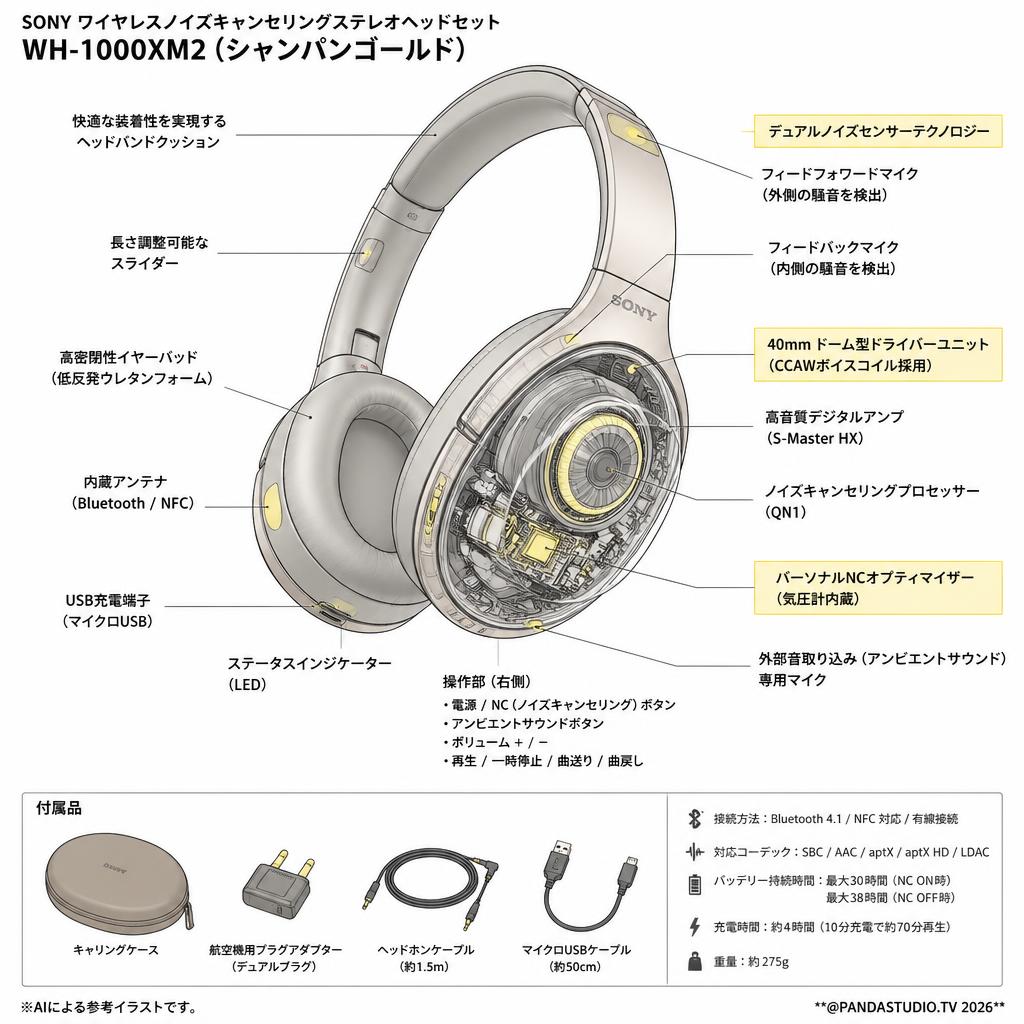 SONY ワイヤレスノイズキャンセリングステレオヘッドセット WH-1000XM2（シャンパンゴールド） スペック