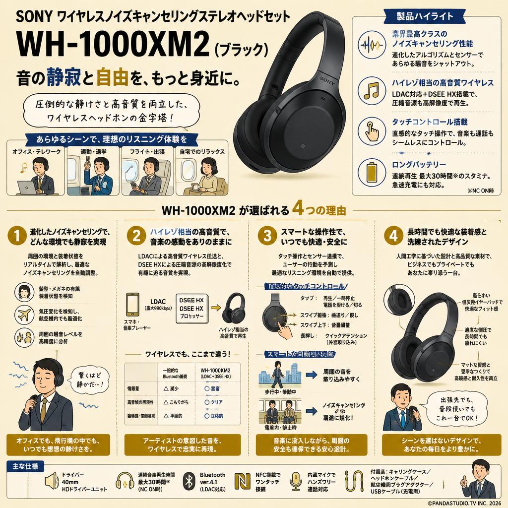 SONY ワイヤレスノイズキャンセリングステレオヘッドセット WH-1000XM2（ブラック） 概要