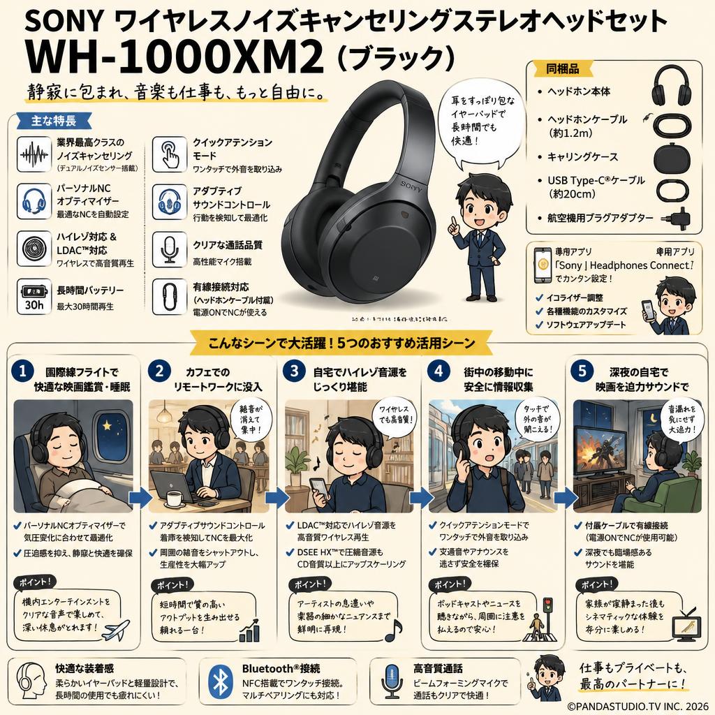 SONY ワイヤレスノイズキャンセリングステレオヘッドセット WH-1000XM2（ブラック） 用途