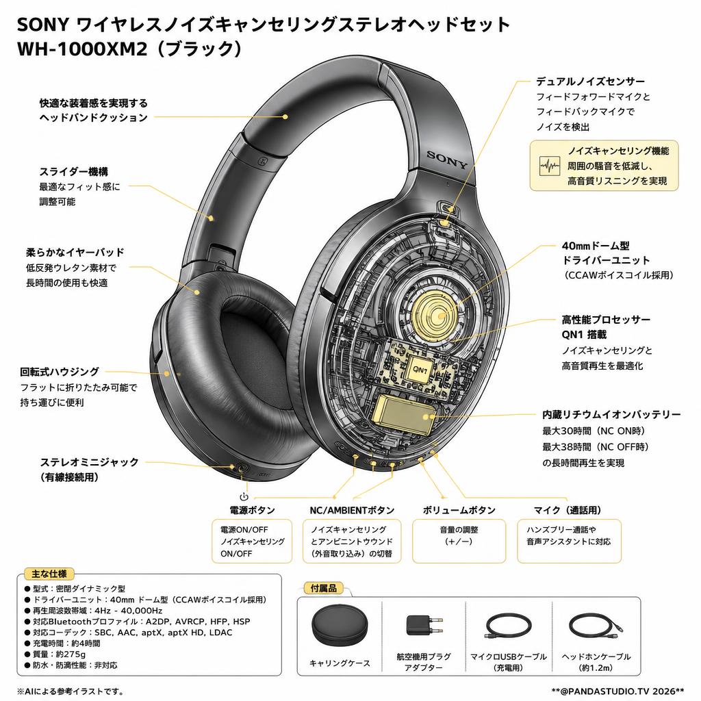 SONY ワイヤレスノイズキャンセリングステレオヘッドセット WH-1000XM2（ブラック） スペック