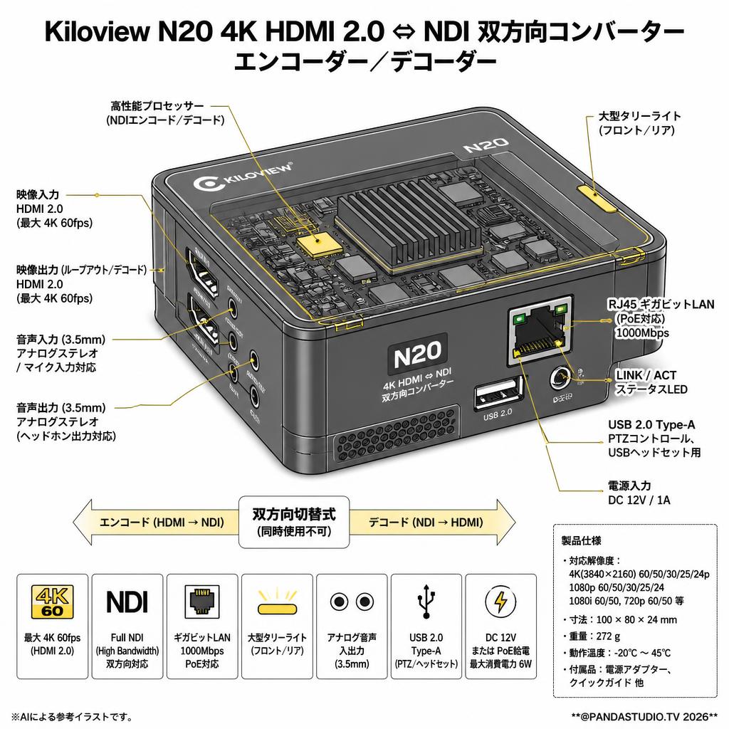 Kiloview N20 4K HDMI 2.0 ⇔NDI 双方向コンバーター　エンコーダー／デコーダー スペック