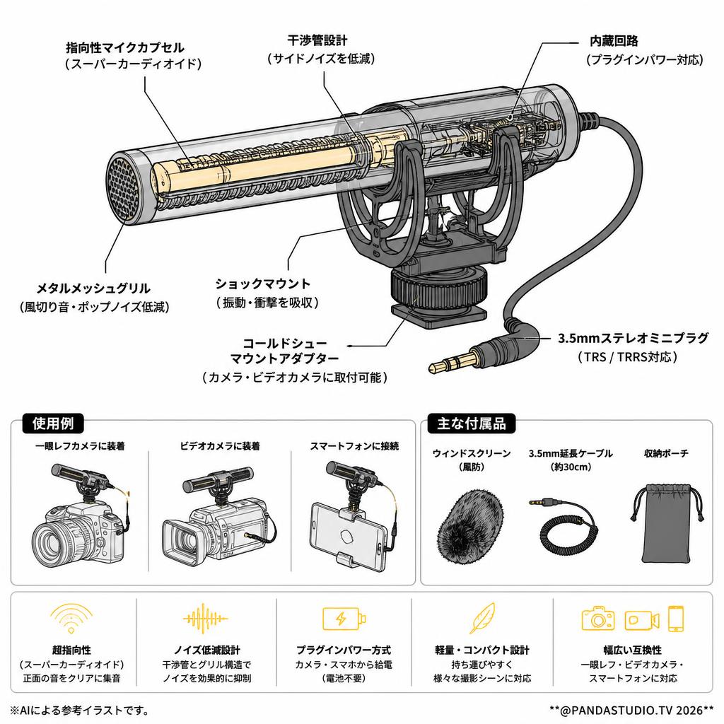 【カメラとセットにてレンタルで100円レンタル】ビデオカメラ用マイク 3.5mmジャックコンデンサーガンマイク（一眼レフ・ビデオカメラ・スマートフォン用） スペック
