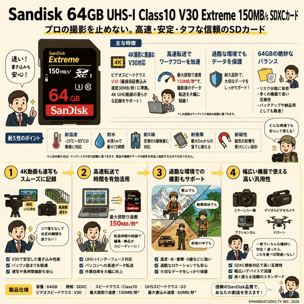 Sandisk 64GB UHS-I Class10 V30 Extreme 150MB/s SDXCカード 概要