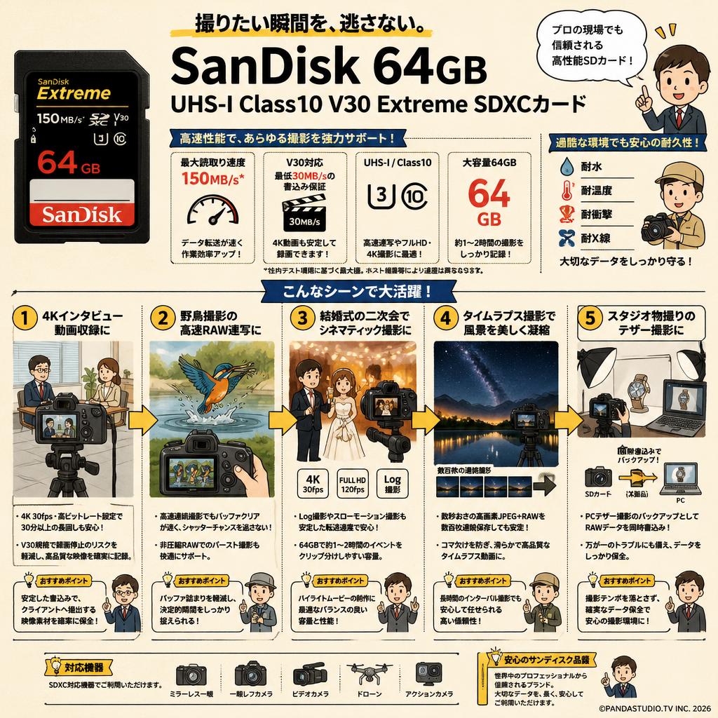 Sandisk 64GB UHS-I Class10 V30 Extreme 150MB/s SDXCカード 用途