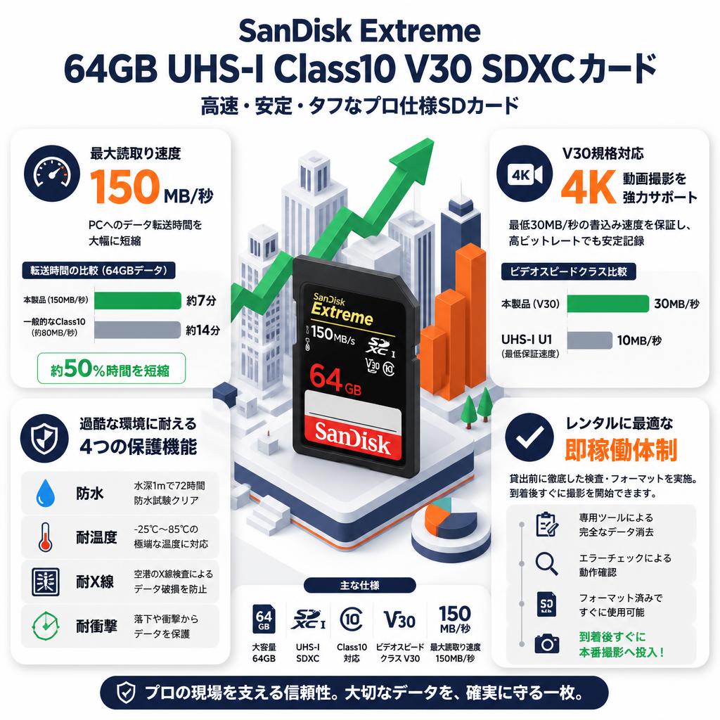 Sandisk 64GB UHS-I Class10 V30 Extreme 150MB/s SDXCカード セールスポイント
