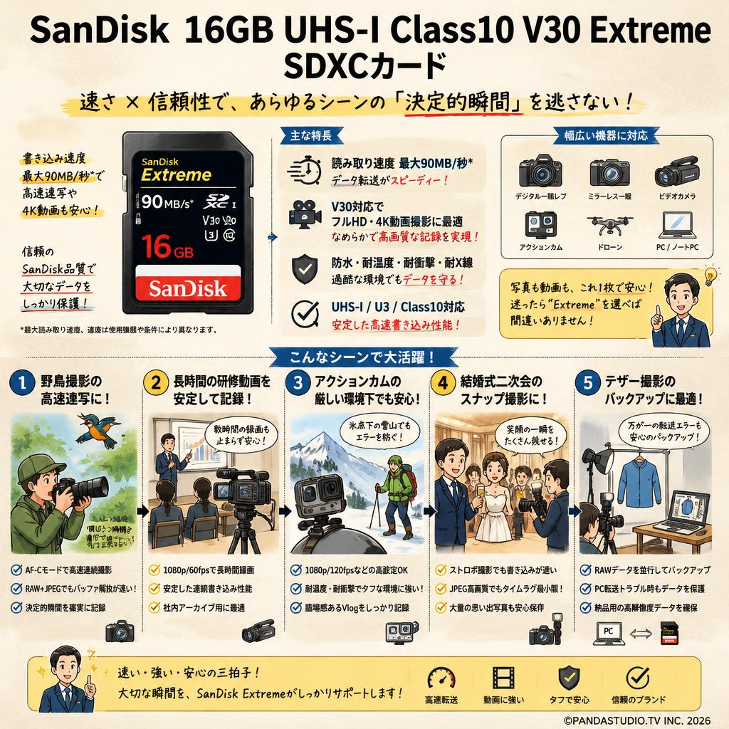 Sandisk 16GB UHS-I Class10 V30 Extreme 90MB/s SDXCカード 用途