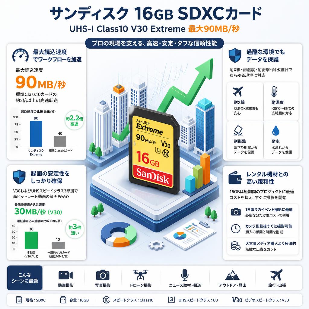 Sandisk 16GB UHS-I Class10 V30 Extreme 90MB/s SDXCカード セールスポイント