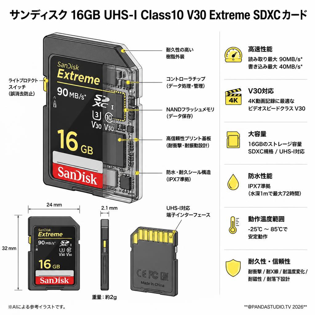 Sandisk 16GB UHS-I Class10 V30 Extreme 90MB/s SDXCカード スペック