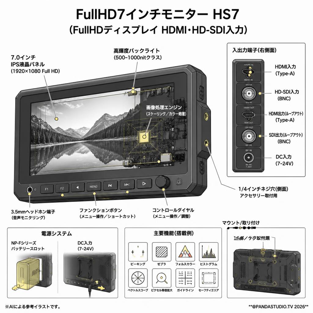 FullHD7インチモニター HS7 （FullHDディスプレイ HDMI・HD-SDI入力） スペック
