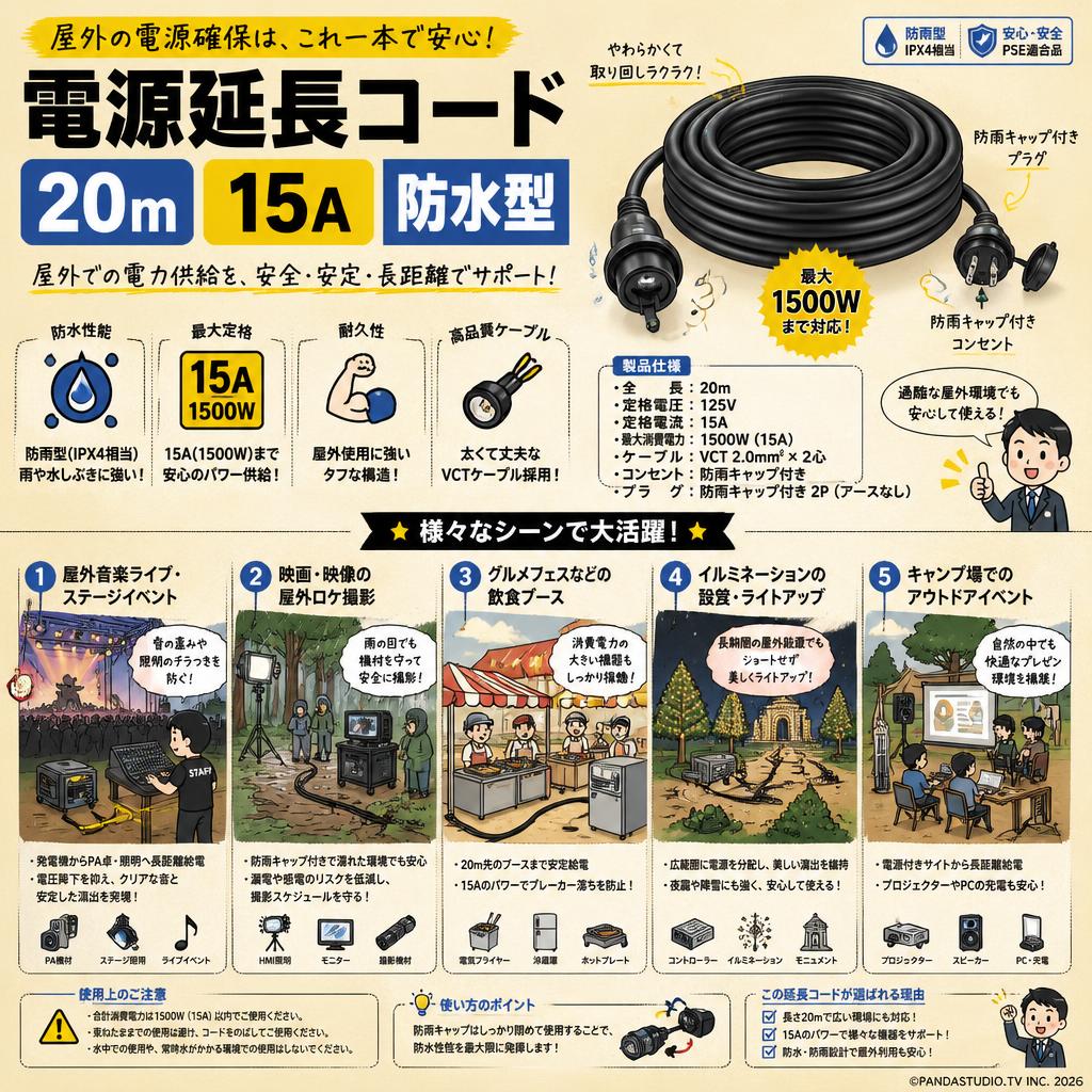 電源延長コード 20m 15A 防水型 用途