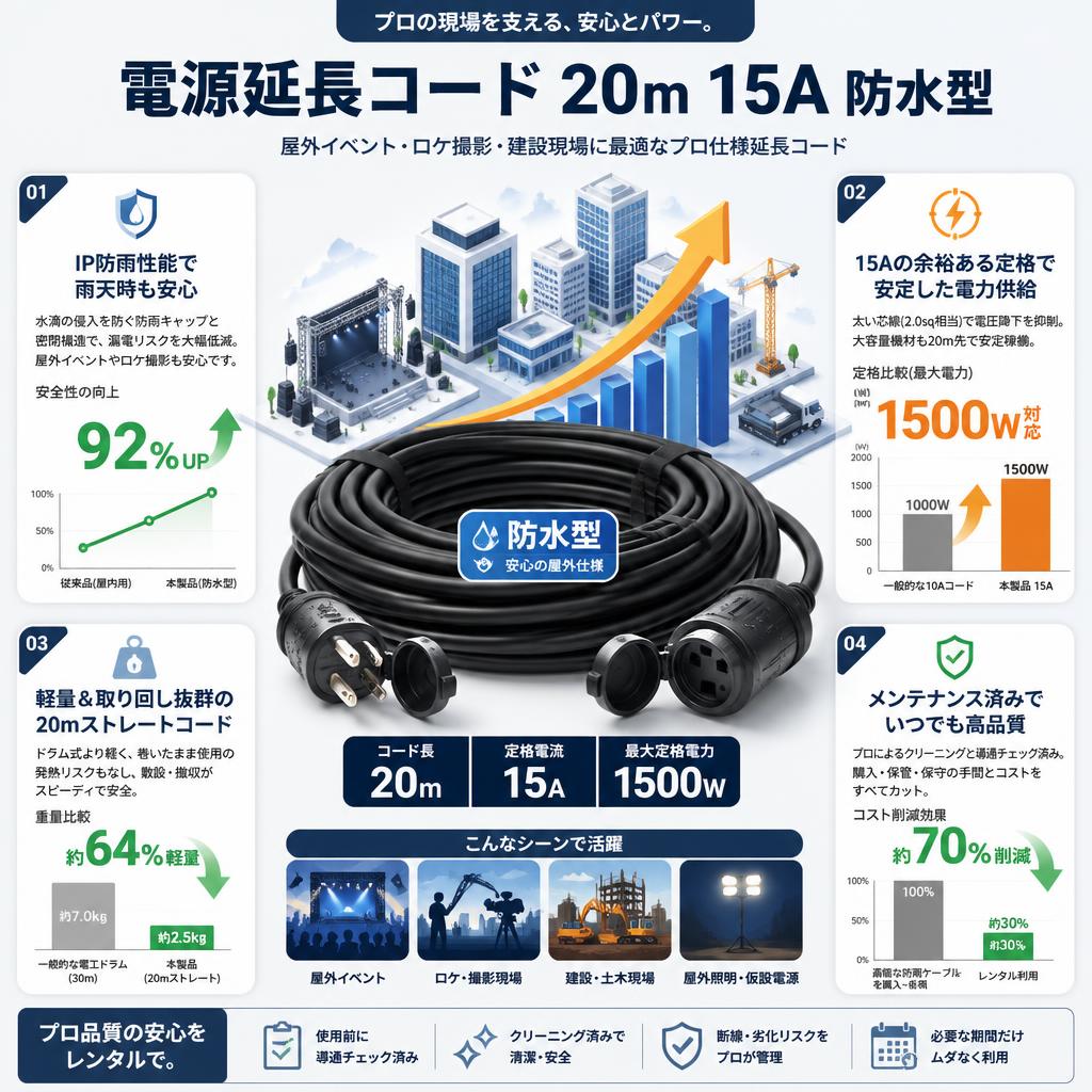電源延長コード 20m 15A 防水型 セールスポイント