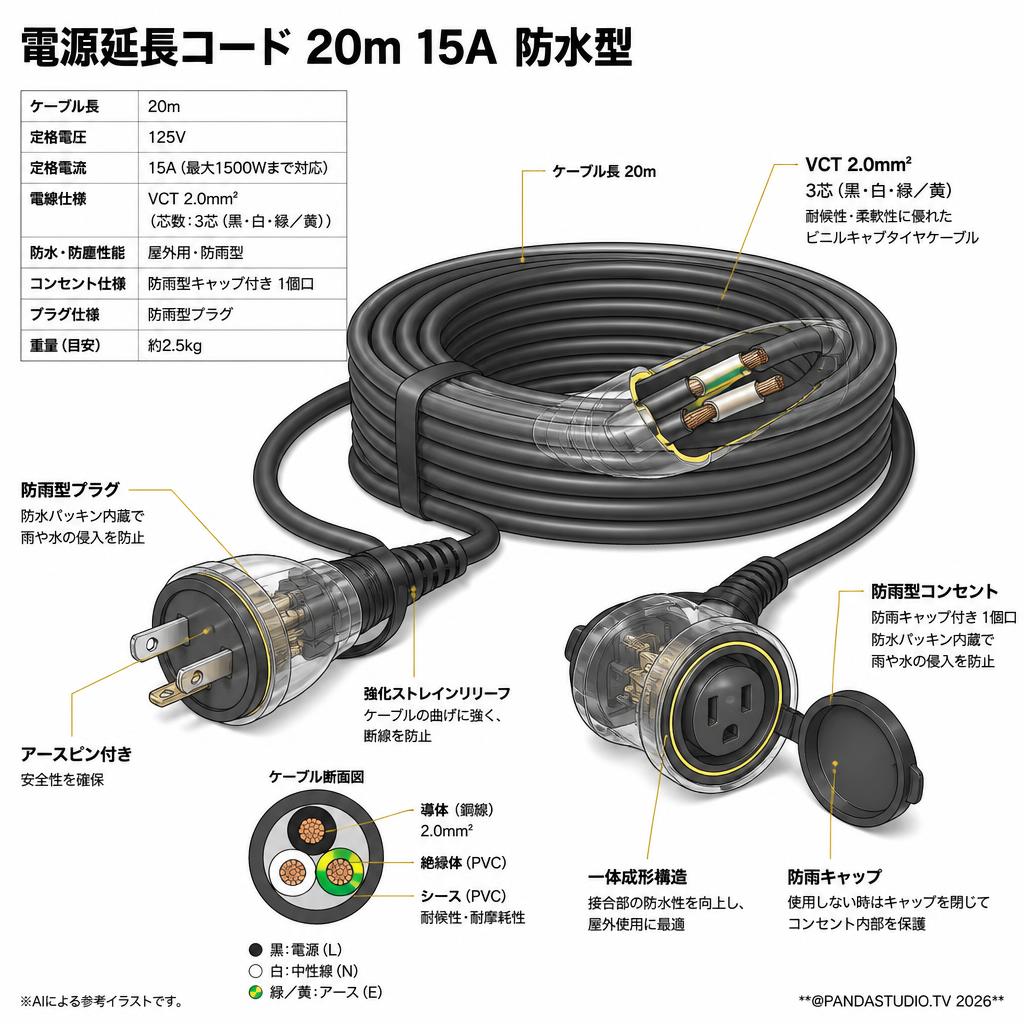 電源延長コード 20m 15A 防水型 スペック