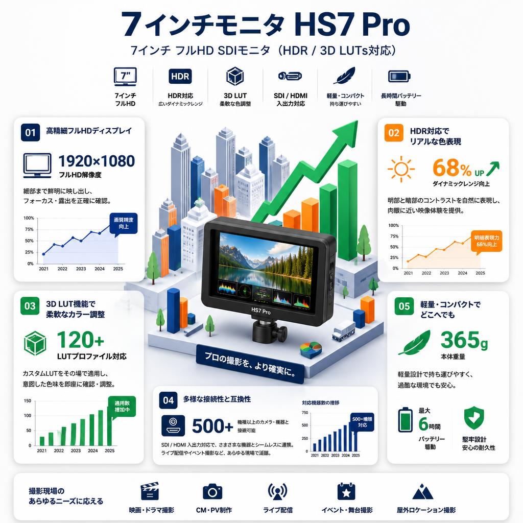 7インチモニタ HS7 Pro (7" Full HD SDI Monitor With HDR/3D LUTs) セールスポイント
