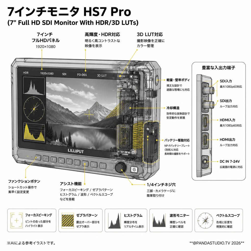 7インチモニタ HS7 Pro (7" Full HD SDI Monitor With HDR/3D LUTs) スペック