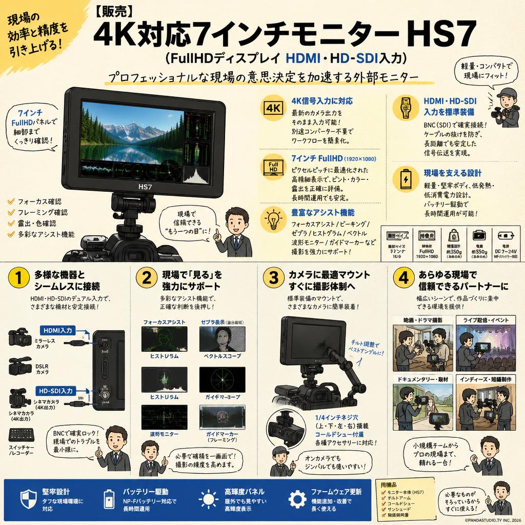 【販売】4K対応7インチモニター HS7 （FullHDディスプレイ HDMI・HD-SDI入力） 概要