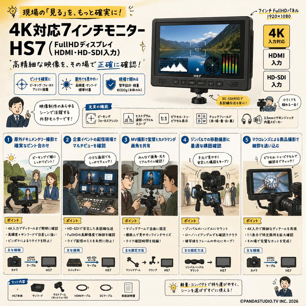 【販売】4K対応7インチモニター HS7 （FullHDディスプレイ HDMI・HD-SDI入力） 用途