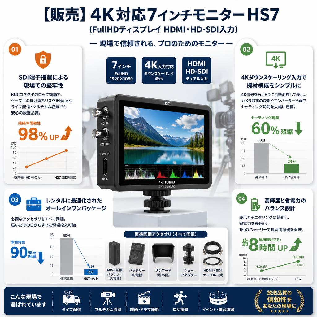 【販売】4K対応7インチモニター HS7 （FullHDディスプレイ HDMI・HD-SDI入力） セールスポイント