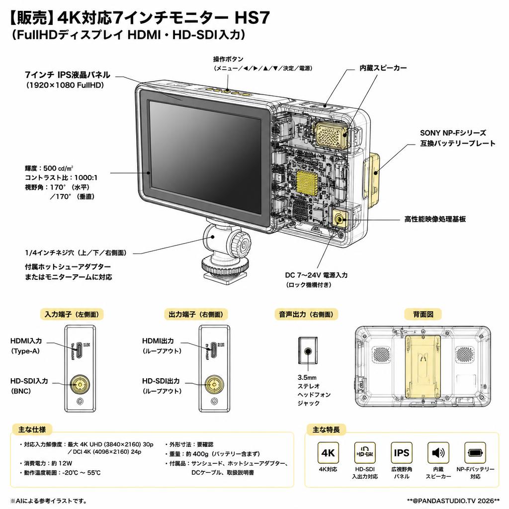 【販売】4K対応7インチモニター HS7 （FullHDディスプレイ HDMI・HD-SDI入力） スペック