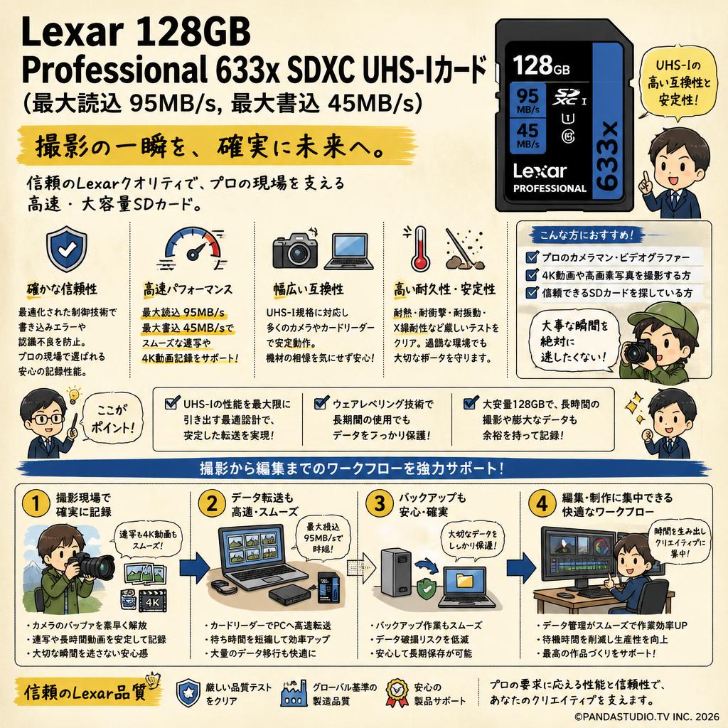 Lexar 128GB Professional 633x SDXC UHS-Iカード (最大読込 95MB/s, 最大書込 45MB/s) 概要