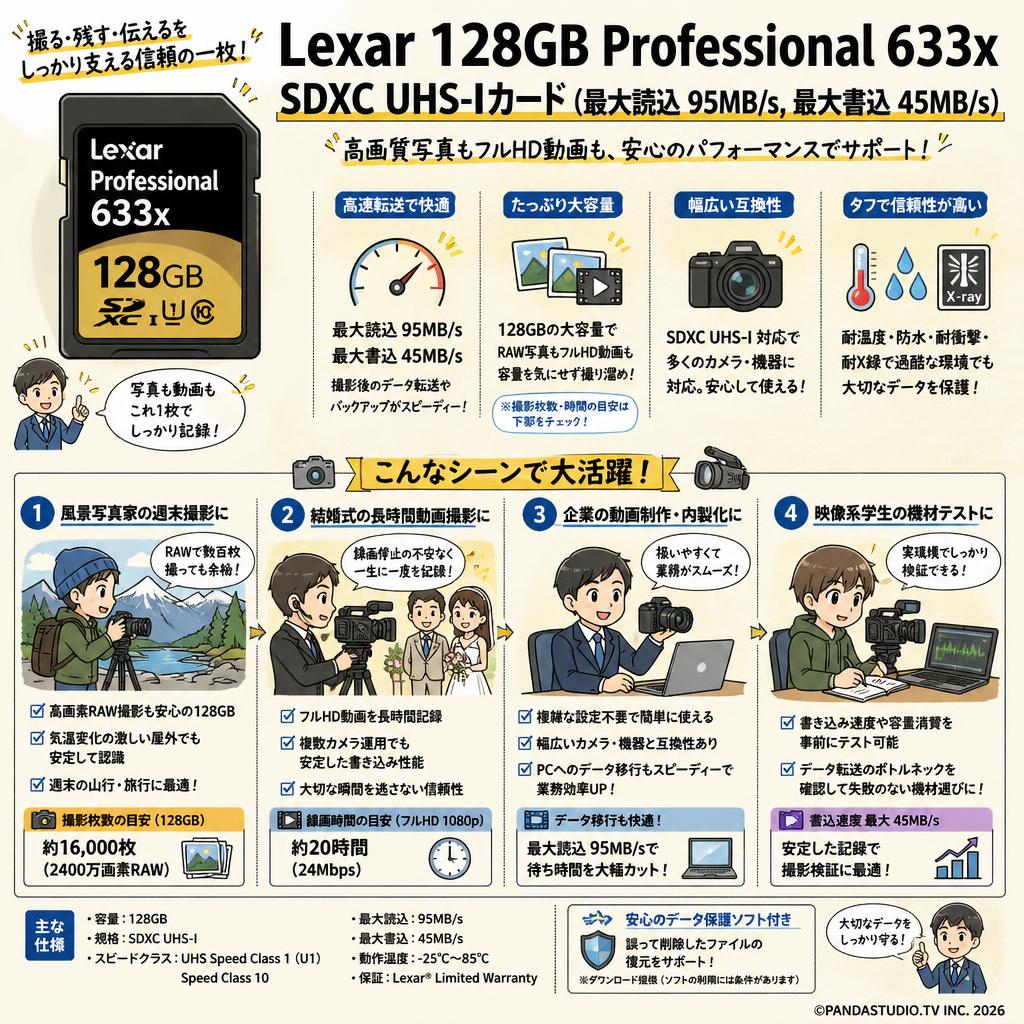 Lexar 128GB Professional 633x SDXC UHS-Iカード (最大読込 95MB/s, 最大書込 45MB/s) おもな対象のお客様