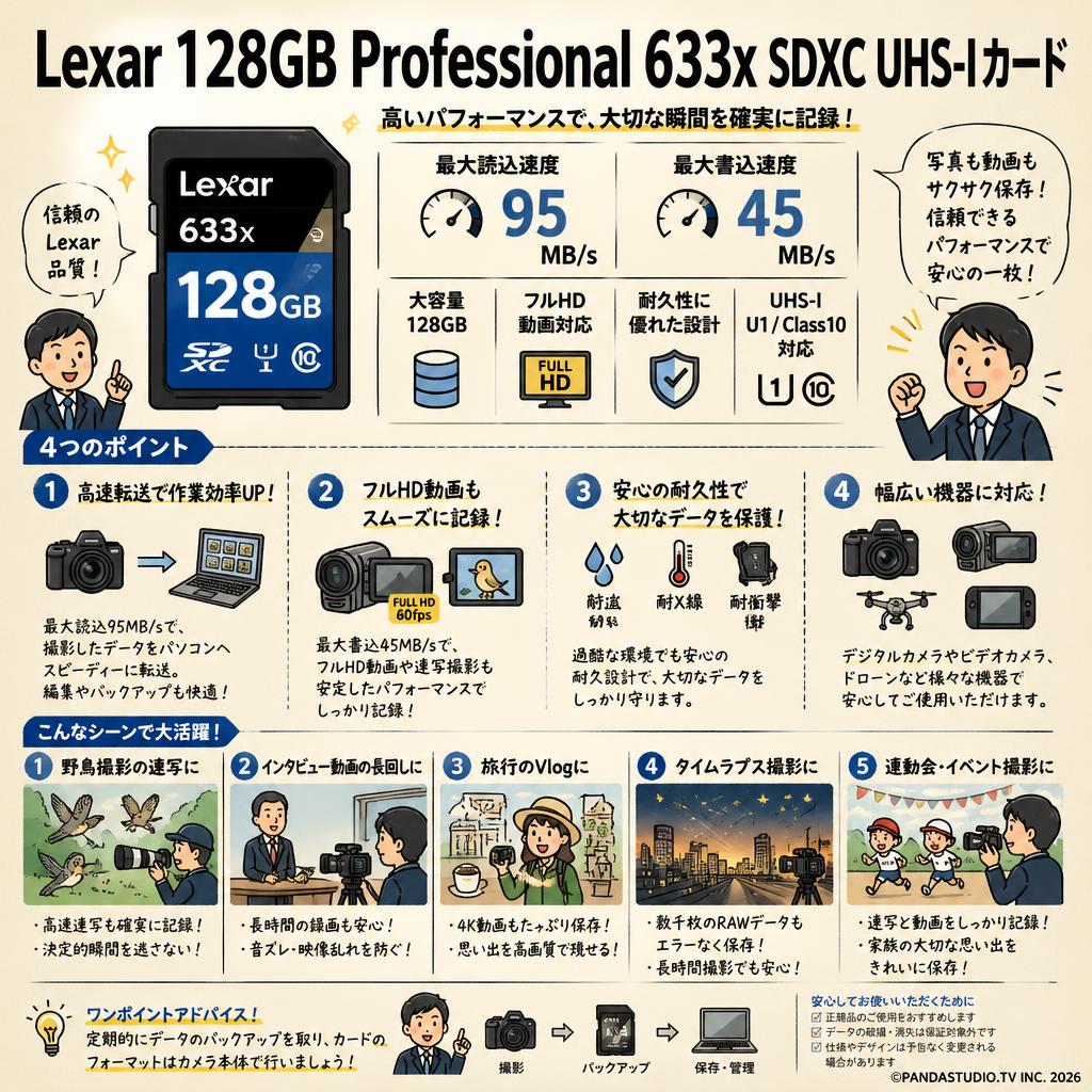 Lexar 128GB Professional 633x SDXC UHS-Iカード (最大読込 95MB/s, 最大書込 45MB/s) 用途