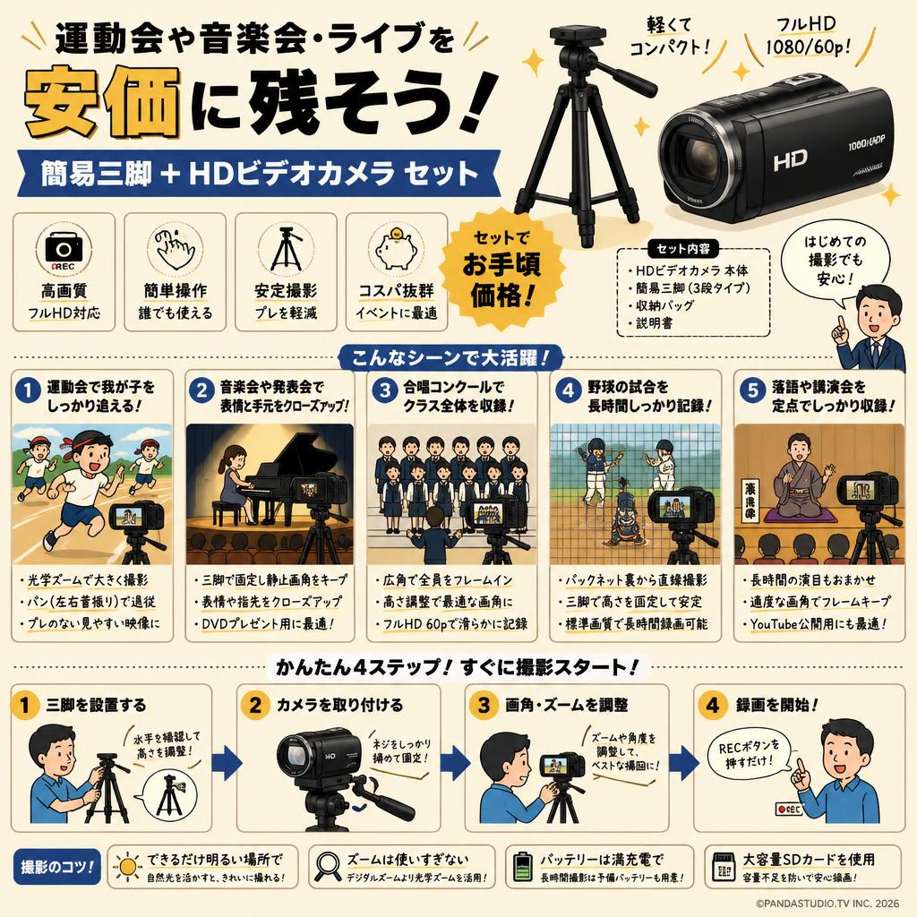 運動会や音楽会・ライブを安価に残そう！ 簡易三脚 + HDビデオカメラ セット 用途