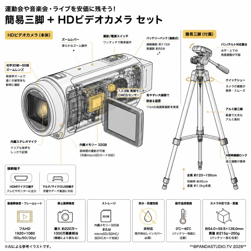 運動会や音楽会・ライブを安価に残そう！ 簡易三脚 + HDビデオカメラ セット スペック