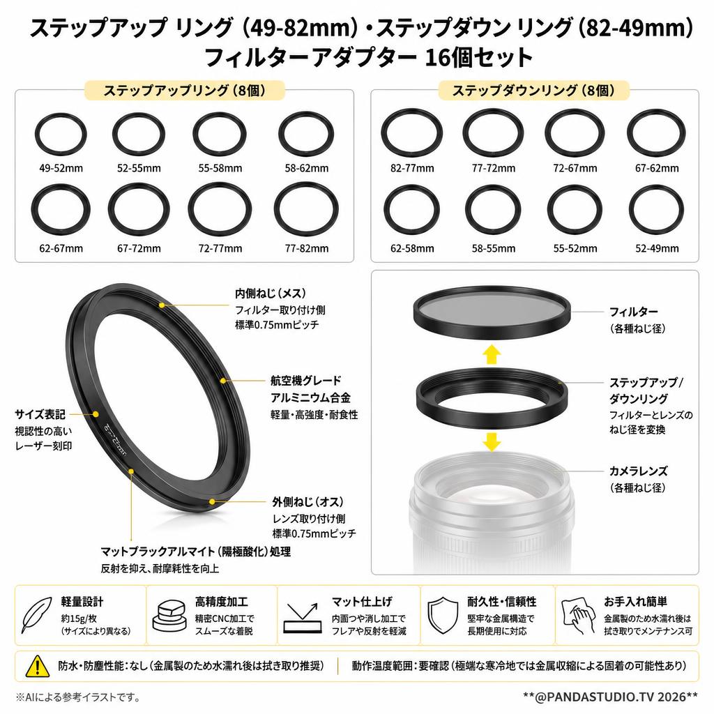 ステップアップ リング（49-82mm）,ステップダウン リング（ 82-49mm）フィルターアダプター 16個セット スペック