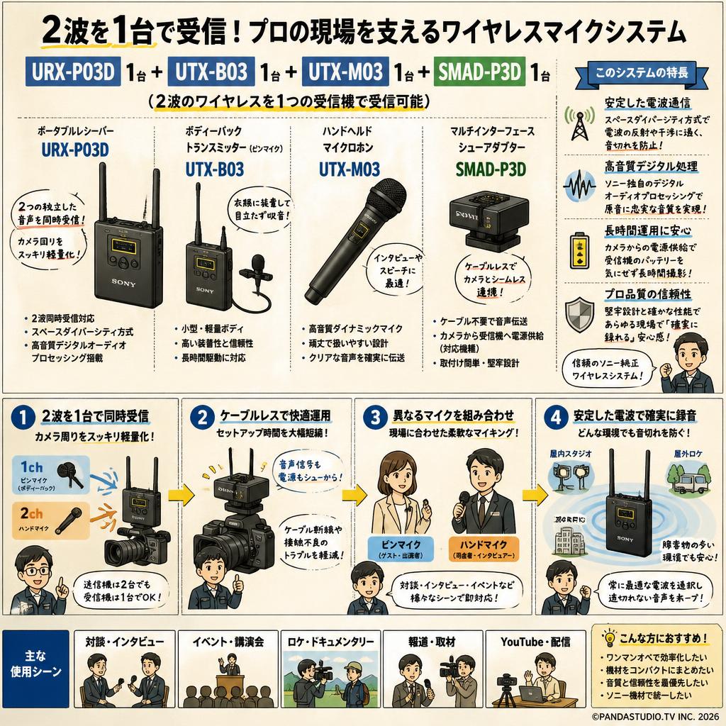 SONY URX-P03D 1台+ UTX-B03 1台 ＋UTX-M03 1台 ＋ SMAD-P3D 1台(2波のワイヤレスを1つの受信機で受信可能) 概要