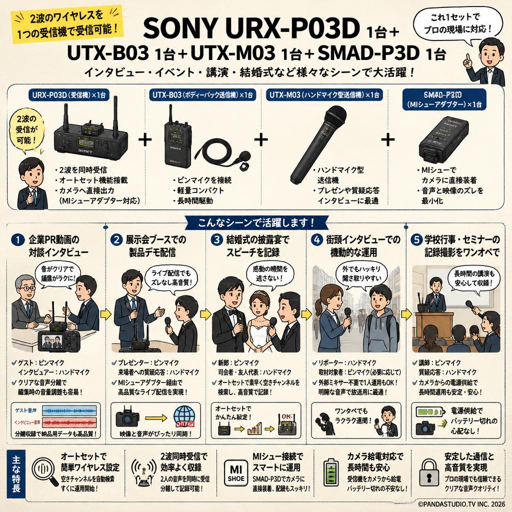 SONY URX-P03D 1台+ UTX-B03 1台 ＋UTX-M03 1台 ＋ SMAD-P3D 1台(2波のワイヤレスを1つの受信機で受信可能) 用途